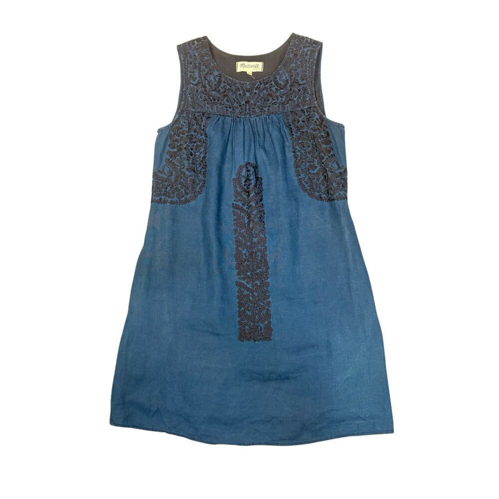 Madewell Linen Embroidered Shift Dress – XS – Blue/Navy